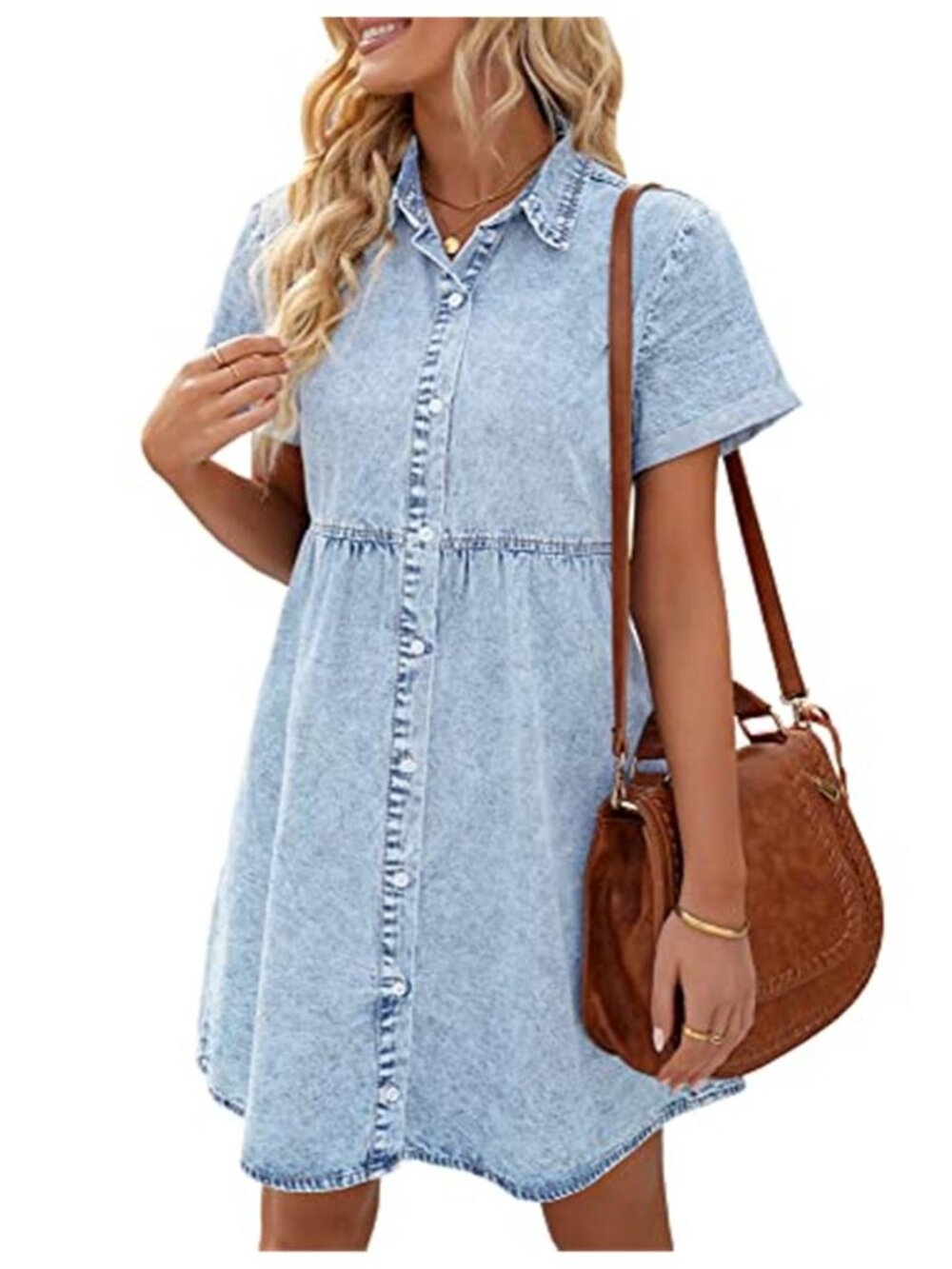 Denim Babydoll Dress Button Front Jean Dress Short Sleeve Tunic Mini Dress